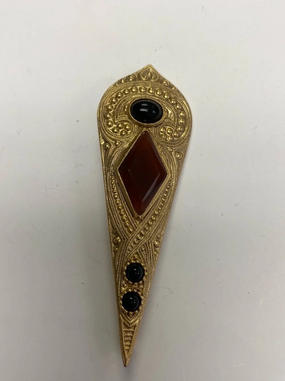 Gold-Tone Filigree Pin with Brown and Black Stones